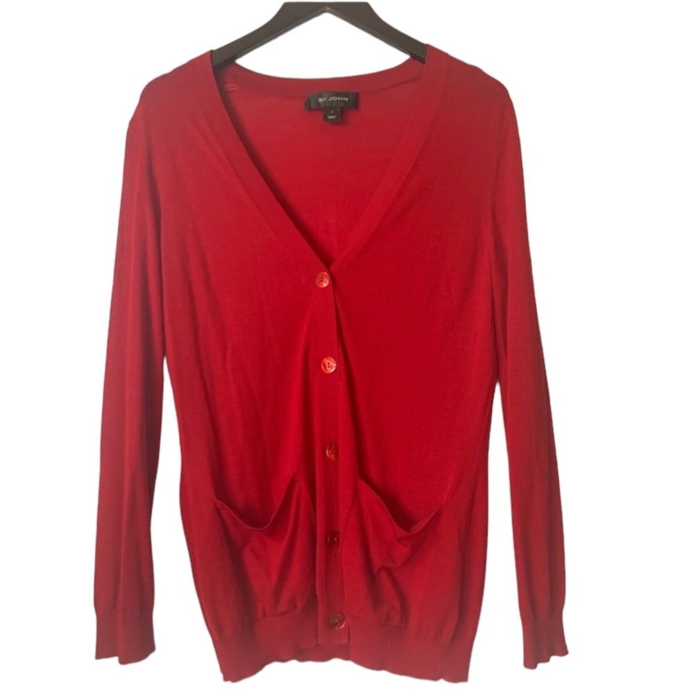 St John Red Wool Blend Cardigan With Pockets & Mother of the Pearl Red Button Up